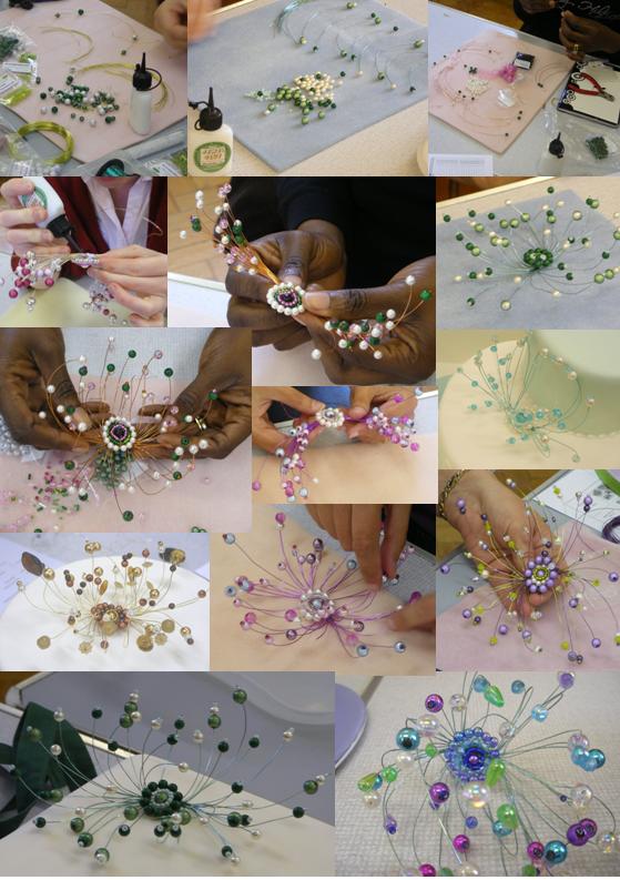Students creating abstract flowers with beads and wires