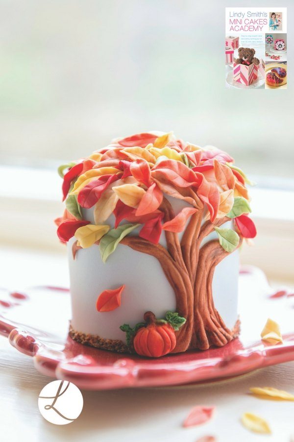 Autumnal tree mini cake with orange, yellow and brown leaves by Lindy Smith