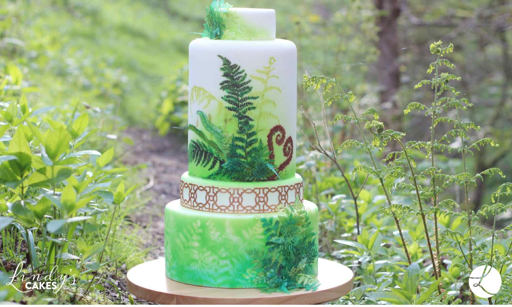 Botanical fern inspired stacked celebration cake by award winning cake designer Lindy Smith