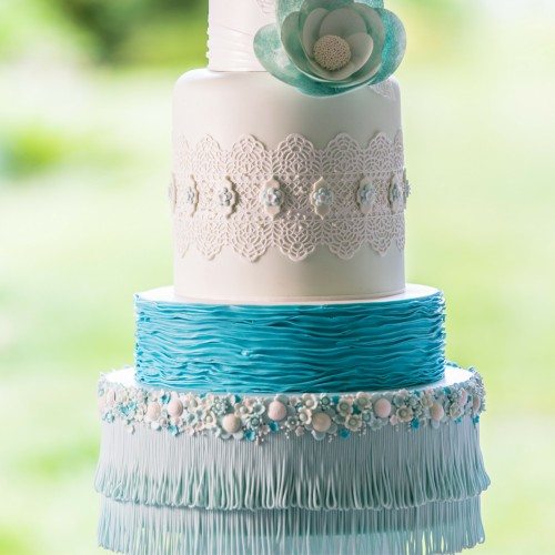 aqua fringe cake from 'Simply modern wedding cakes ' book by award winning sugarcrafter Lindy Smith