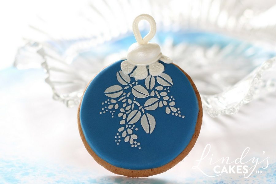 blue and silver Christmas bauble cookie to hang on the Christmas tree