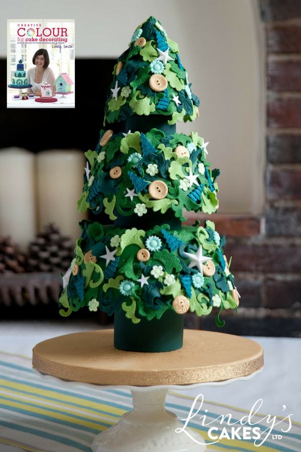 festive fir Christmas tree cake from 'Createive colour for cake decorating' book by best-selling author Lindy Smith