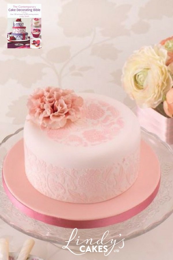 stencilled peaopy cake in pretty pink from Lindy's bible book