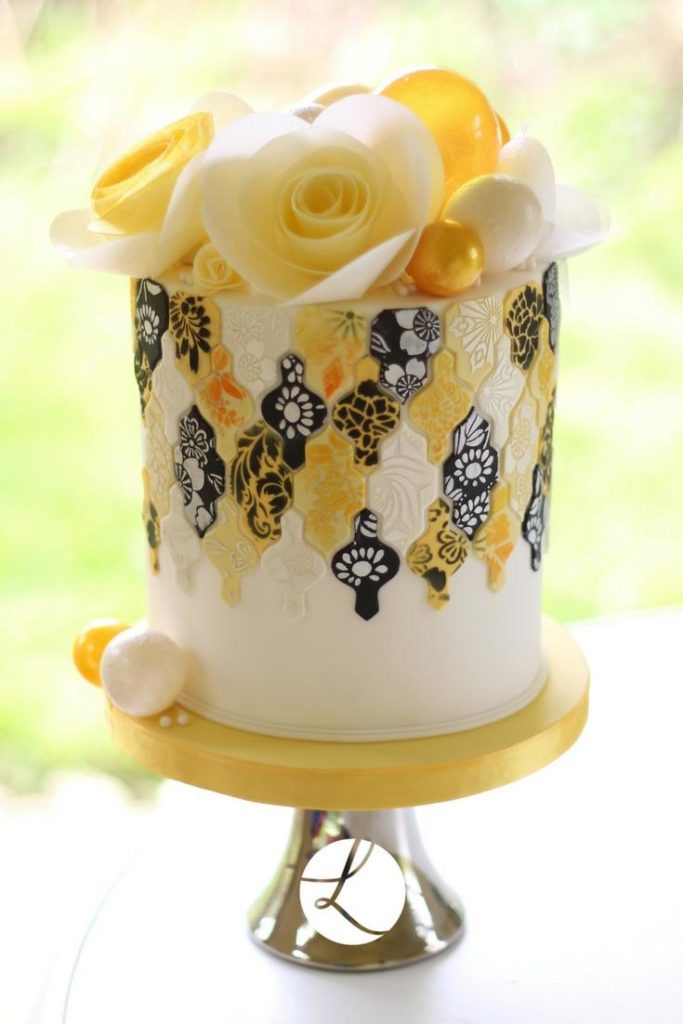 yellow-white-black-moroccan-tile-cake-with-edible-gelatin-bubbles-by-lindy-smith