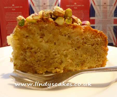 Moist and tangy pistachio, almond and lime cake