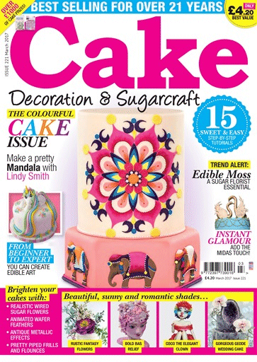 Mandala cake design by Lindy Smith on the cover of cake decoration and sugarcraft magazine March 2017 issue
