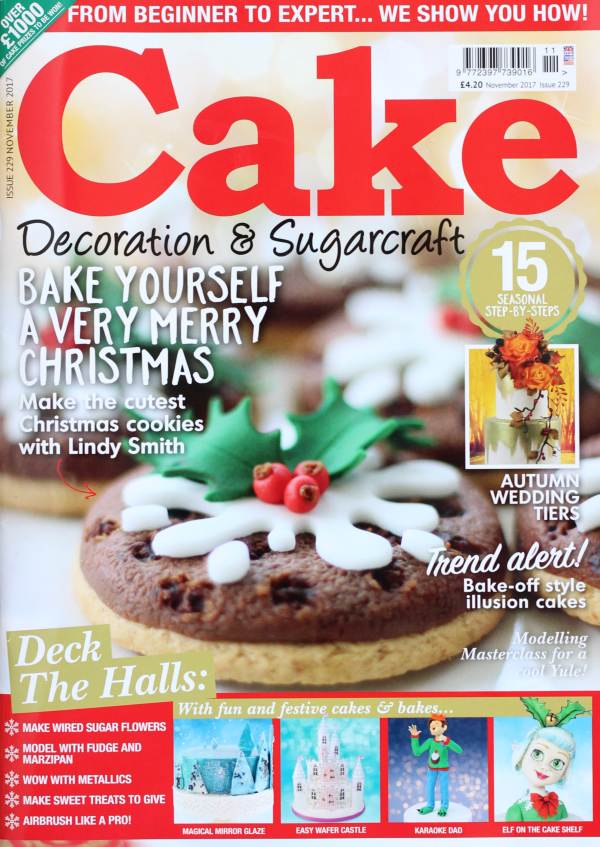 Lindy's Christmas Pudding cookies on the front cover of cake decoration and sugarcraft magazine