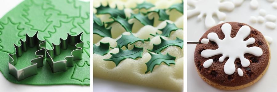 Steps to create a Christmas pudding cookie using Lindy's holly leaf and paint splat cutters