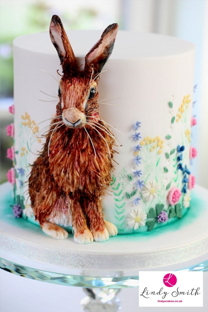 Spring hare in a wildflower meadow cake by sugarcraft artist Lindy Smith