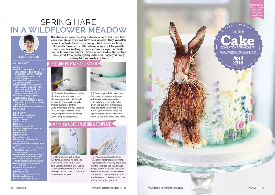 harry the hare cake in his edible wildflower meadow - magazine feature in Cake Decoration and Sugarcraft