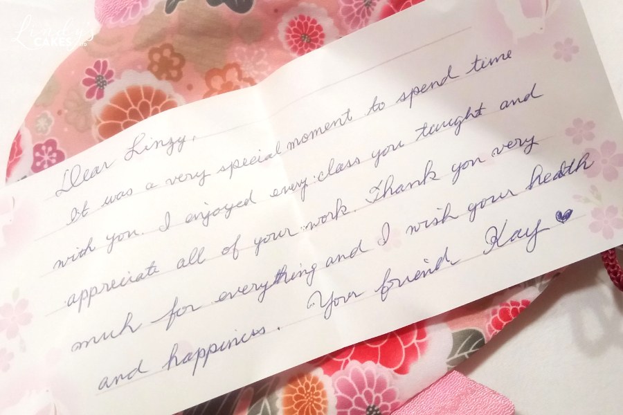 handwritten thank you note from Japanese student Kay