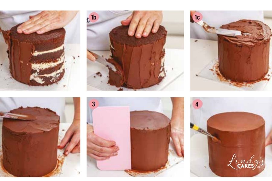 covering a cake with chocolate ganche