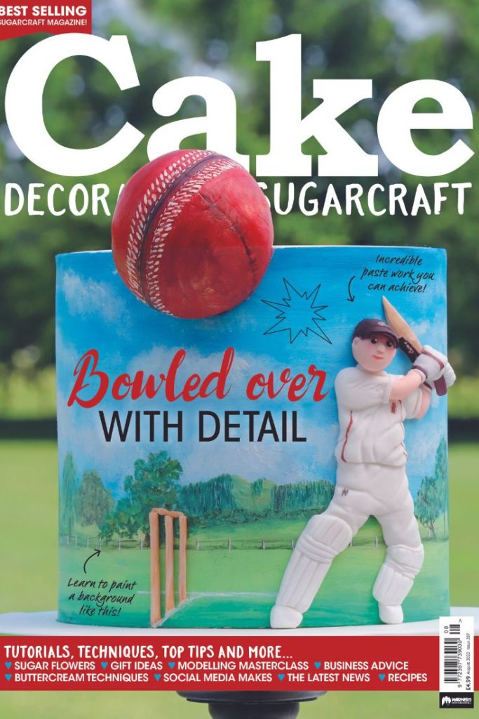 August 2022 edition of Cake Decoration and sugarcraft magazine - Lindy's cricket cake on the cover
